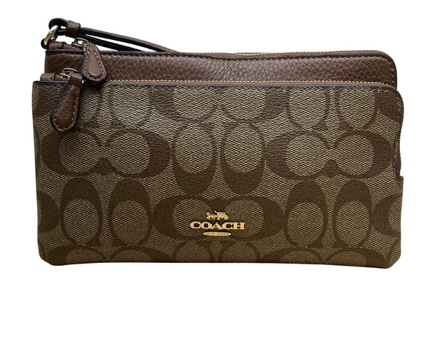 Coach Women’s Brown Signature Coated Canvas Double Zip Wristlet Clutch Size S