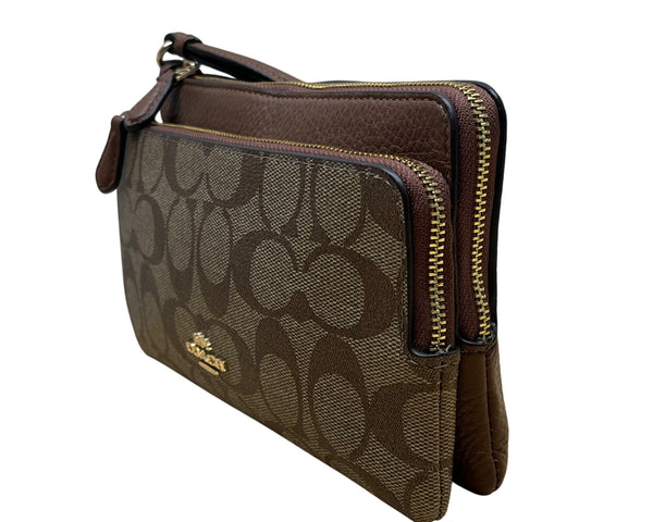 Coach Women’s Brown Signature Coated Canvas Double Zip Wristlet Clutch Size S