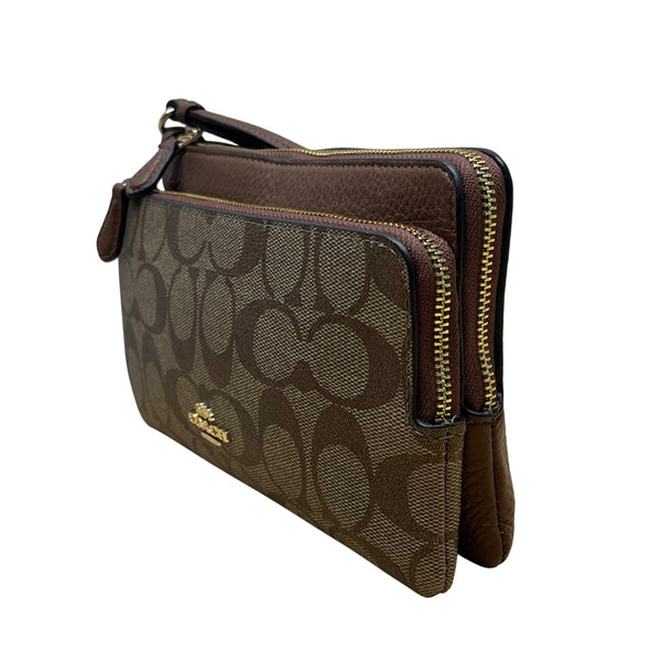 Coach Women’s Brown Signature Coated Canvas Double Zip Wristlet Clutch Size S