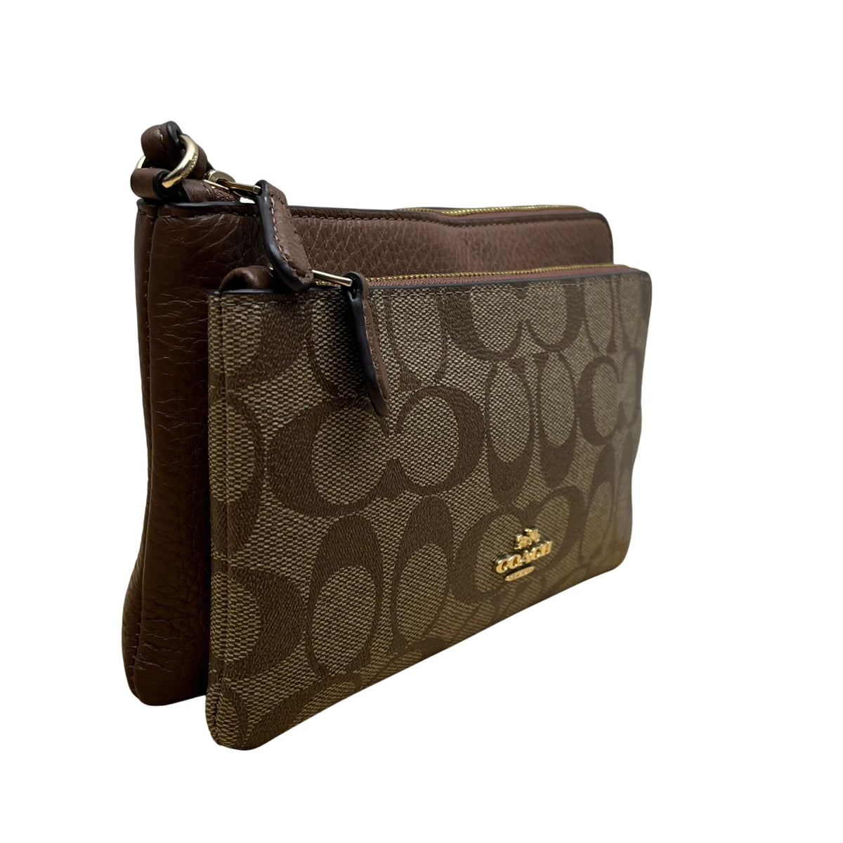 Coach Women’s Brown Signature Coated Canvas Double Zip Wristlet Clutch Size S