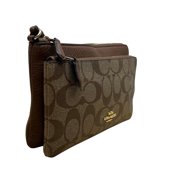 Coach Women’s Brown Signature Coated Canvas Double Zip Wristlet Clutch Size S