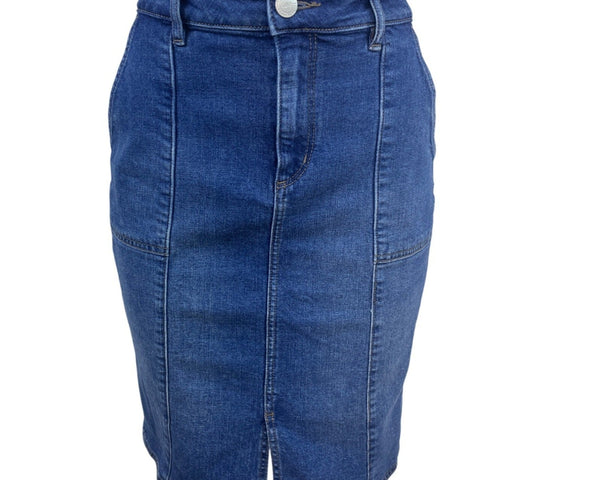 Loft Dark Blue Denim Pencil Skirt W/ Pockets Medium Wash High Waist Streth