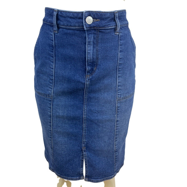 Loft Dark Blue Denim Pencil Skirt W/ Pockets Medium Wash High Waist Streth