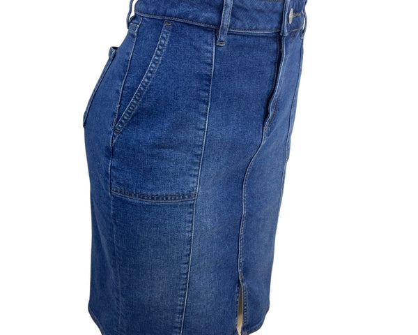 Loft Dark Blue Denim Pencil Skirt W/ Pockets Medium Wash High Waist Streth