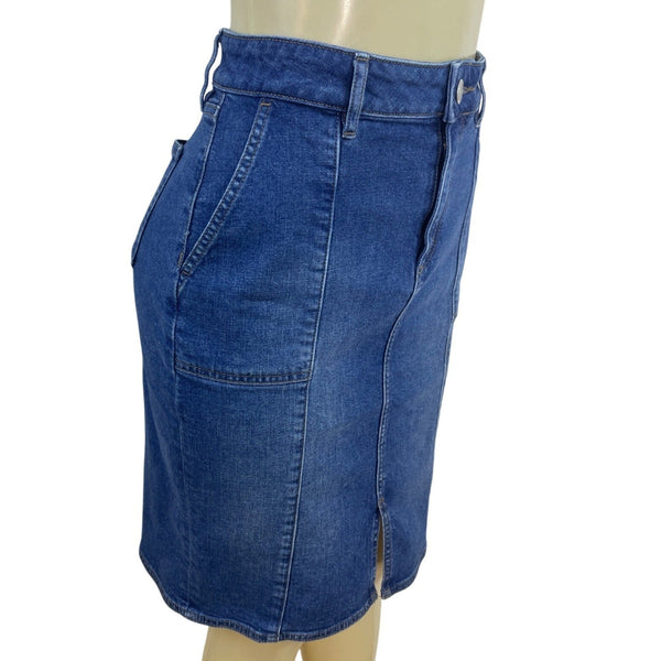 Loft Dark Blue Denim Pencil Skirt W/ Pockets Medium Wash High Waist Streth