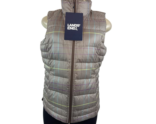 Lands End Women's Brown Plaid Puffer and Turtleneck Down Vest Sz S - New