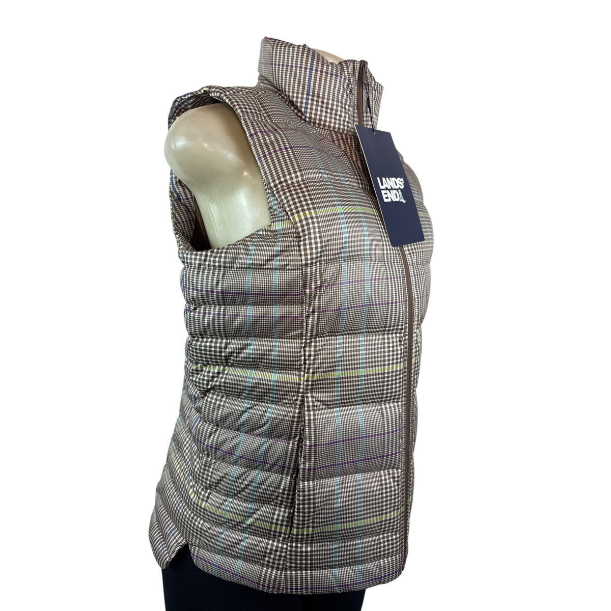 Lands End Women's Brown Plaid Puffer and Turtleneck Down Vest Sz S - New