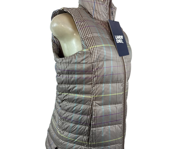 Lands End Women's Brown Plaid Puffer and Turtleneck Down Vest Sz S - New