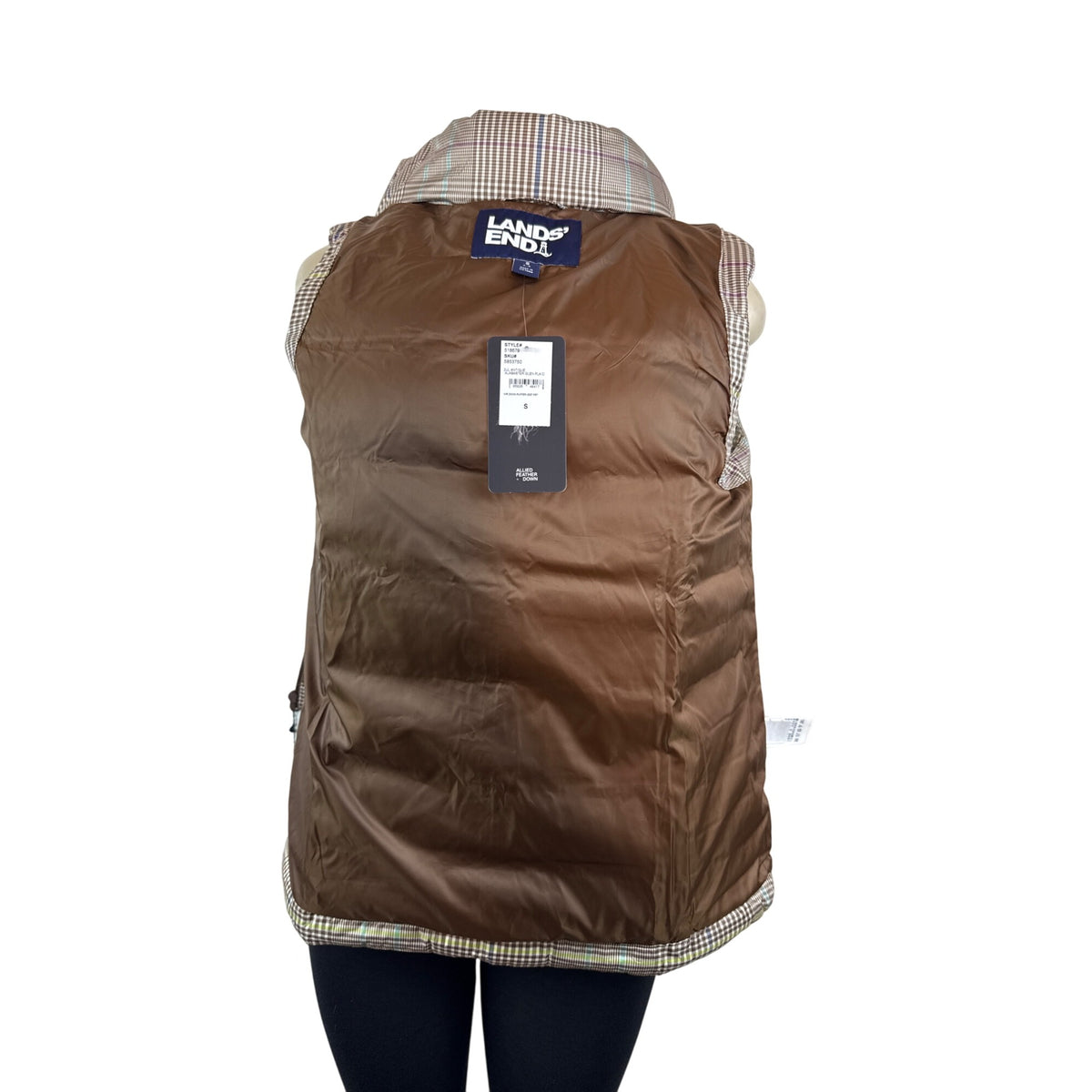 Lands End Women's Brown Plaid Puffer and Turtleneck Down Vest Sz S - New