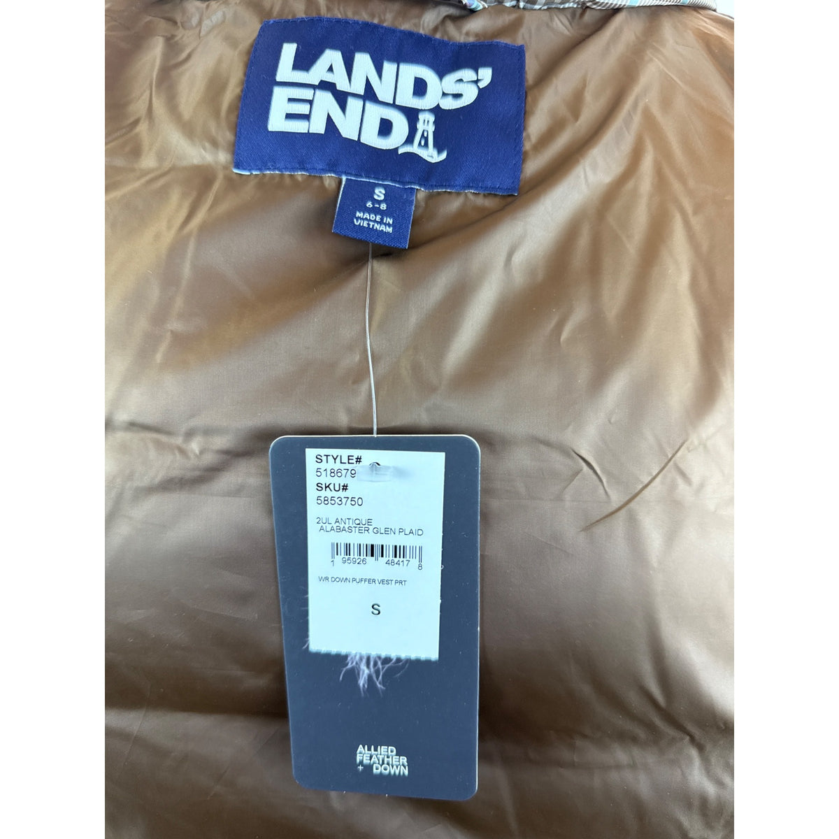 Lands End Women's Brown Plaid Puffer and Turtleneck Down Vest Sz S - New