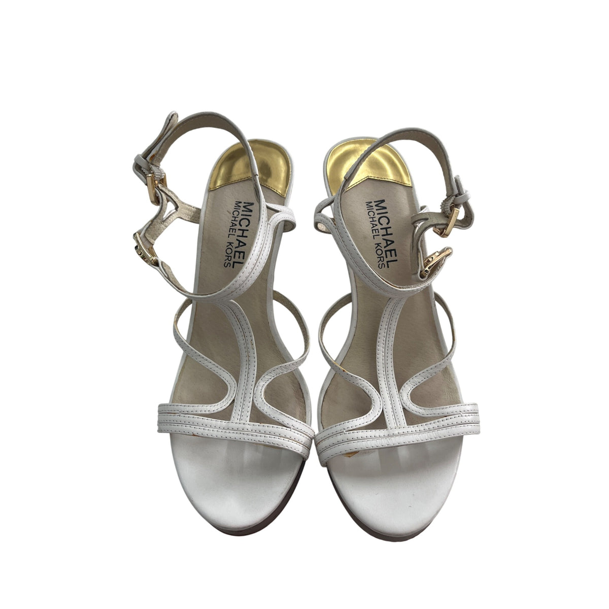 Michael Kors Womens White Leather Strappy Wedge Sandals