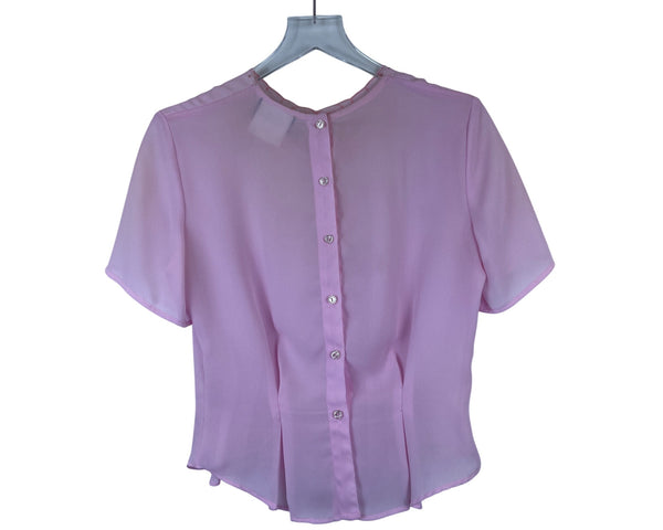 First Glance Womens Pink Sheer Button-Up Blouse Embroidered Back Keyhole Detail Size 11