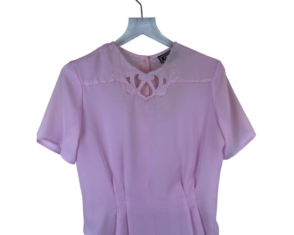 First Glance Womens Pink Sheer Button-Up Blouse Embroidered Back Keyhole Detail Size 11