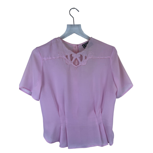 First Glance Womens Pink Sheer Button-Up Blouse Embroidered Back Keyhole Detail Size 11