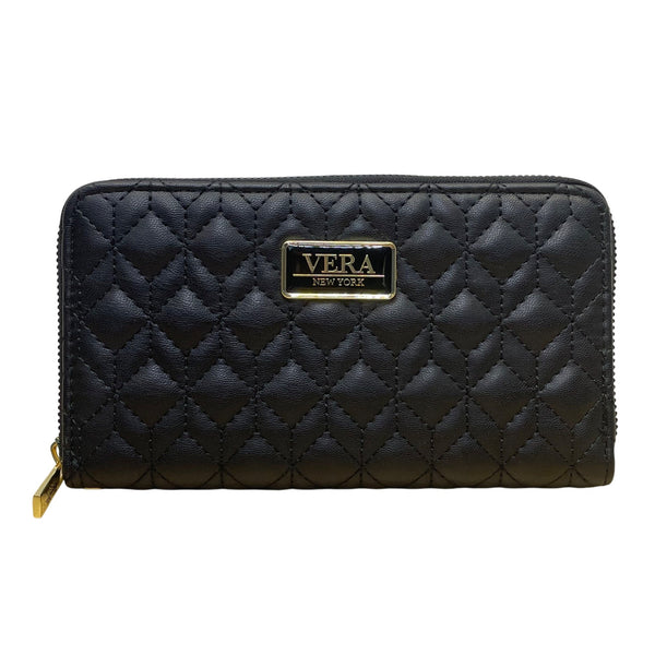 Vera New York Women’s Black Quilted Faux Leather Goldtone Logo Zip-Around Wallet