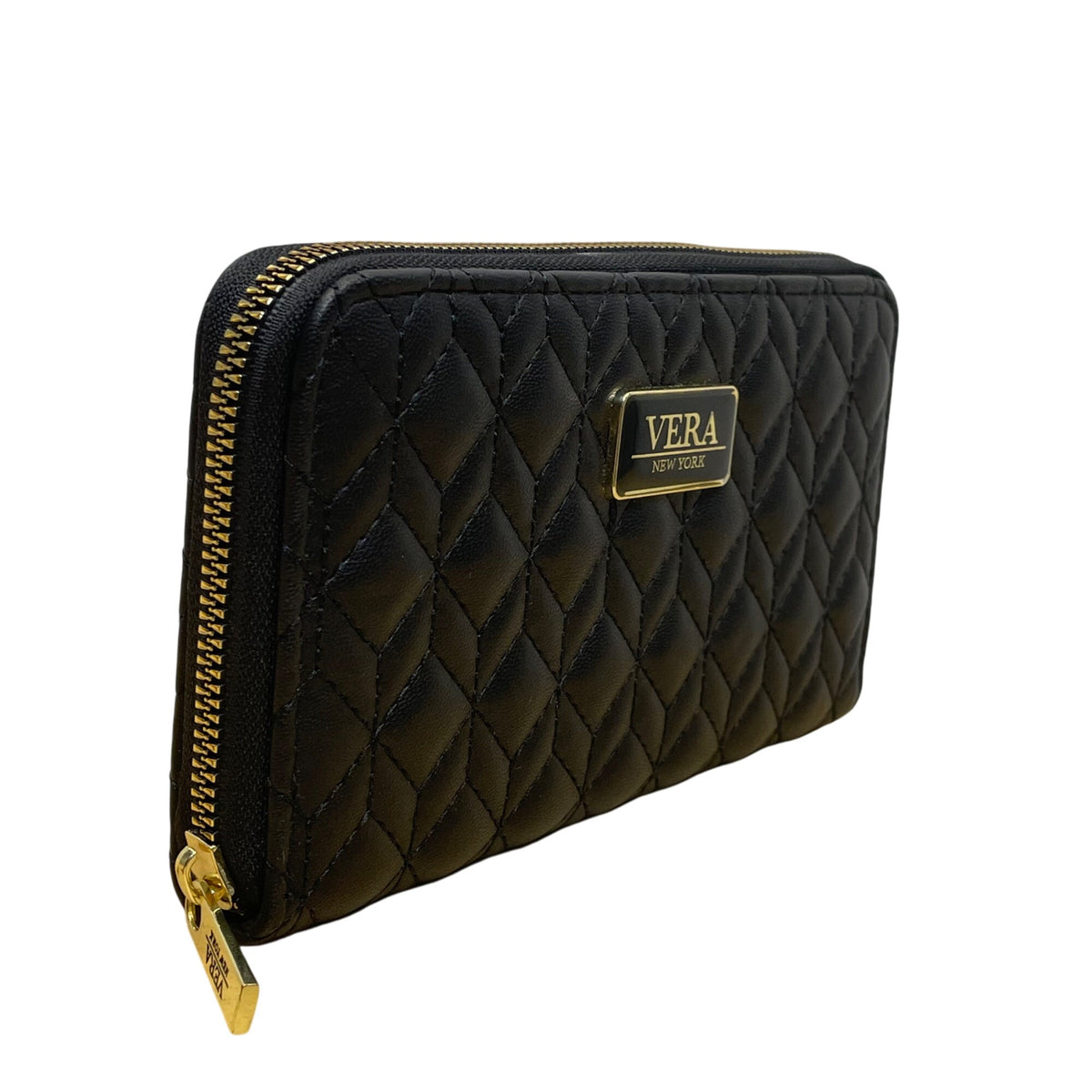 Vera New York Women’s Black Quilted Faux Leather Goldtone Logo Zip-Around Wallet