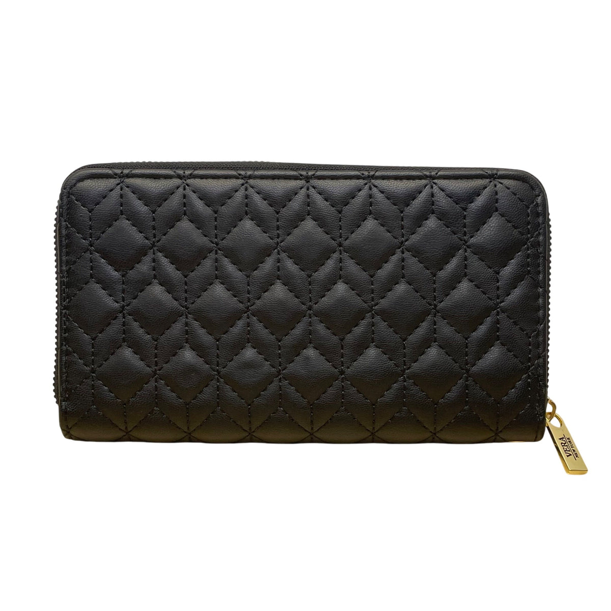 Vera New York Women’s Black Quilted Faux Leather Goldtone Logo Zip-Around Wallet