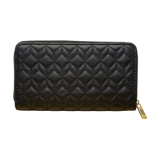 Vera New York Women’s Black Quilted Faux Leather Goldtone Logo Zip-Around Wallet