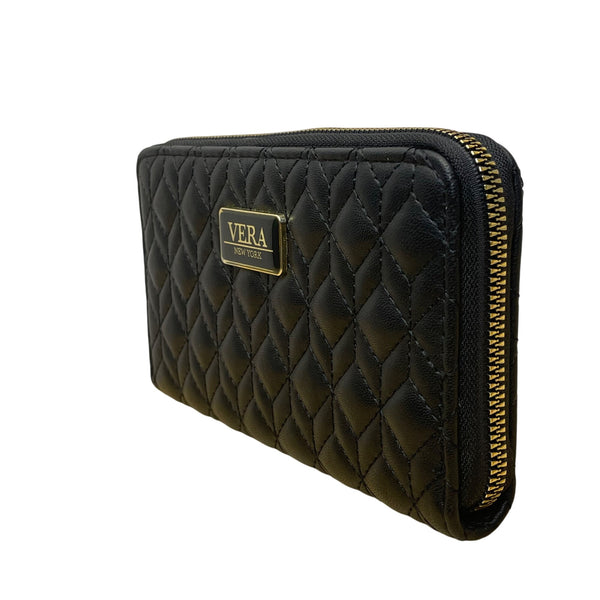 Vera New York Women’s Black Quilted Faux Leather Goldtone Logo Zip-Around Wallet