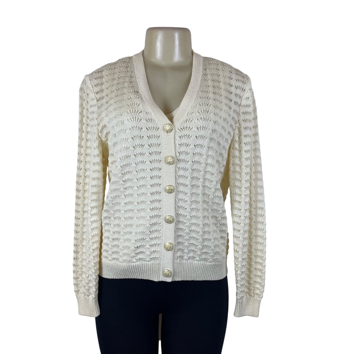 St. John Cream Women's Knit Open-Stitch Tank Top & Cardigan Set 2-Piece Sz S