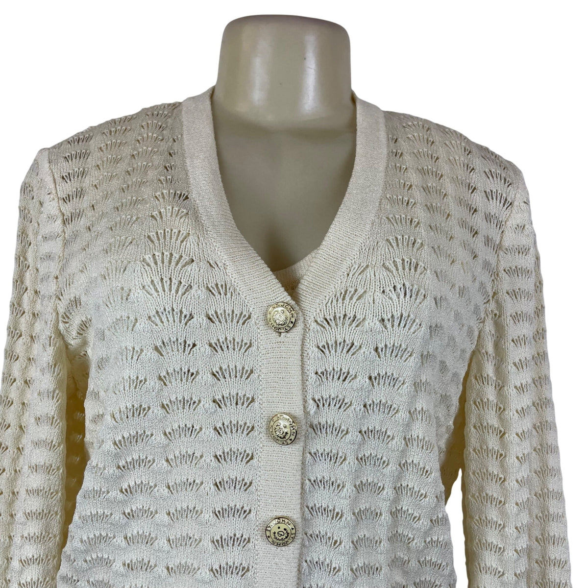 St. John Cream Women's Knit Open-Stitch Tank Top & Cardigan Set 2-Piece Sz S