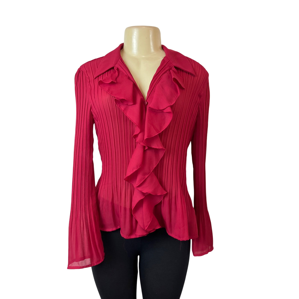 Sunny Leigh Red Ruffled Petit With Pleated Design Womens Blouse Sz PL