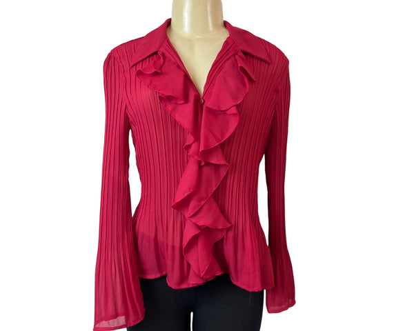 Sunny Leigh Red Ruffled Petit With Pleated Design Womens Blouse Sz PL