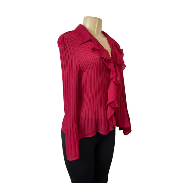 Sunny Leigh Red Ruffled Petit With Pleated Design Womens Blouse Sz PL
