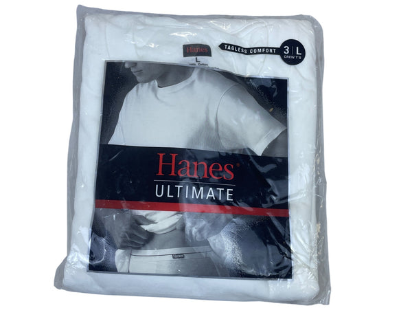 Hanes Mens White Cotton Tagless Crewneck T-Shirts 3-Pack Size Large Ultimate Fit