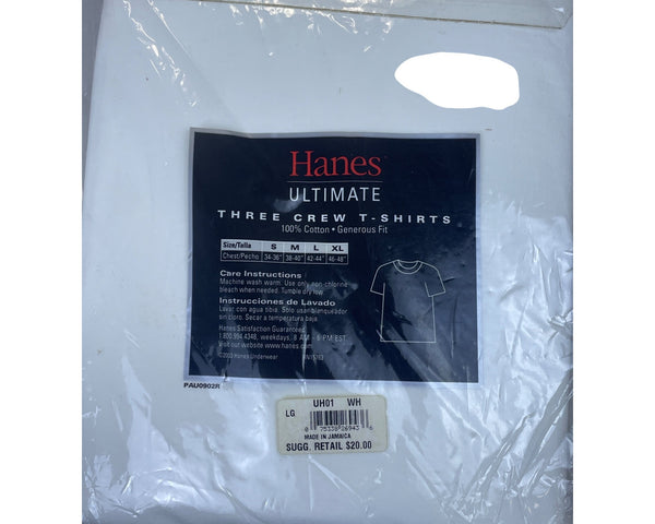 Hanes Mens White Cotton Tagless Crewneck T-Shirts 3-Pack Size Large Ultimate Fit