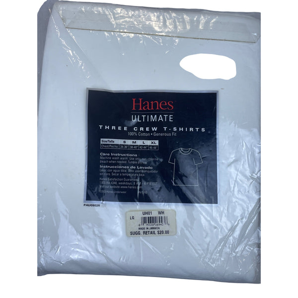 Hanes Mens White Cotton Tagless Crewneck T-Shirts 3-Pack Size Large Ultimate Fit