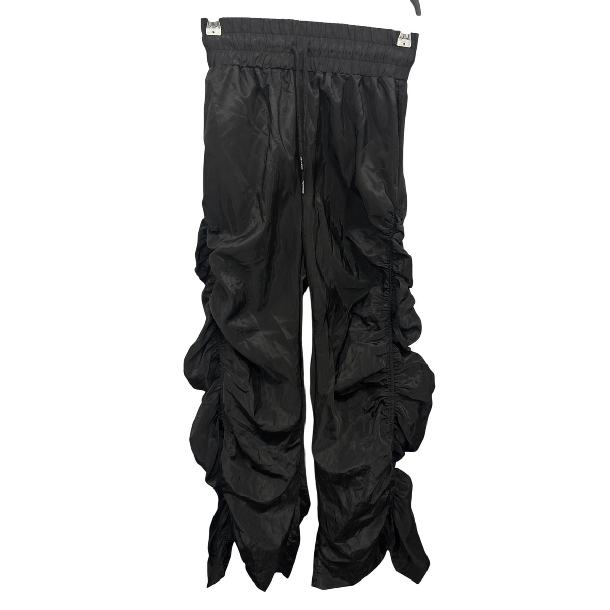 Kollyy Womens Black Satin Ruched Jogger Pants Elastic Waist Comfortable Fit Small NWT