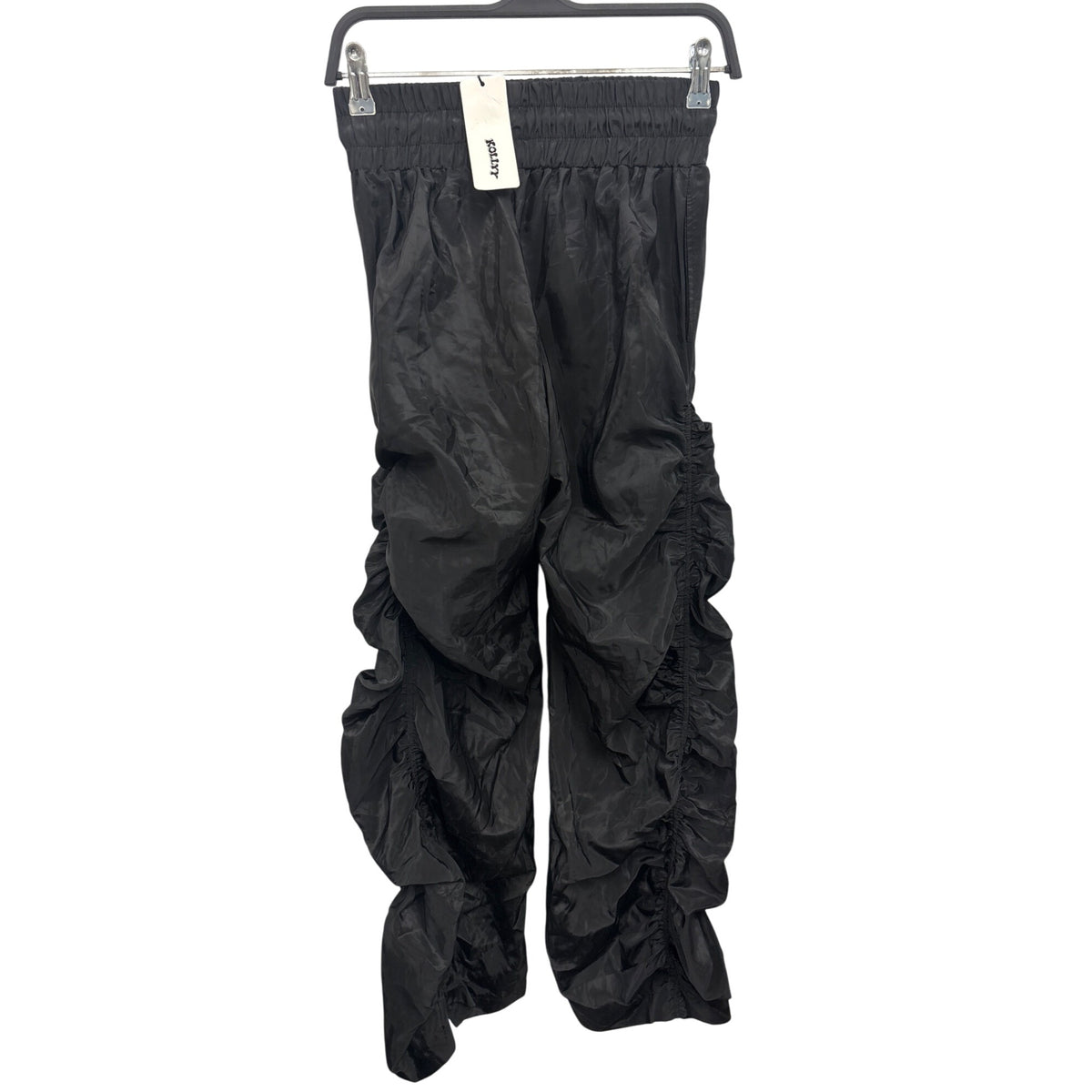 Kollyy Womens Black Satin Ruched Jogger Pants Elastic Waist Comfortable Fit Small NWT