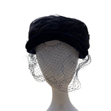Vintage 50s 60s Navy Velvet Feather Pillbox Hat w/ Veil 22.5