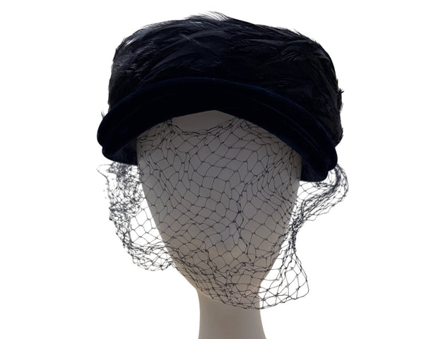 Vintage 50s 60s Navy Velvet Feather Pillbox Hat w/ Veil 22.5" Circ Retro Formal