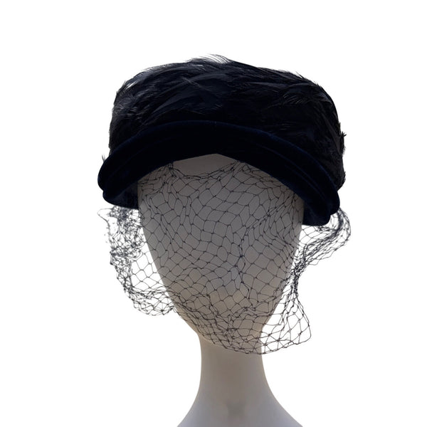 Vintage 50s 60s Navy Velvet Feather Pillbox Hat w/ Veil 22.5" Circ Retro Formal