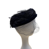 Vintage 50s 60s Navy Velvet Feather Pillbox Hat w/ Veil 22.5