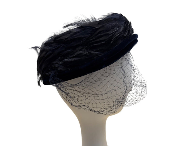Vintage 50s 60s Navy Velvet Feather Pillbox Hat w/ Veil 22.5" Circ Retro Formal