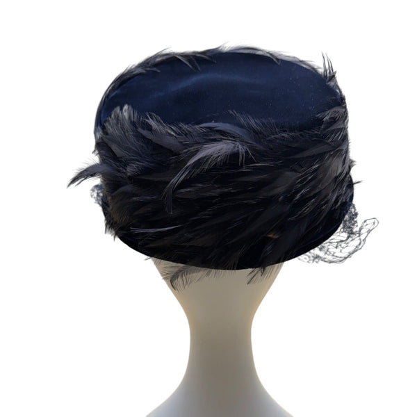 Vintage 50s 60s Navy Velvet Feather Pillbox Hat w/ Veil 22.5" Circ Retro Formal