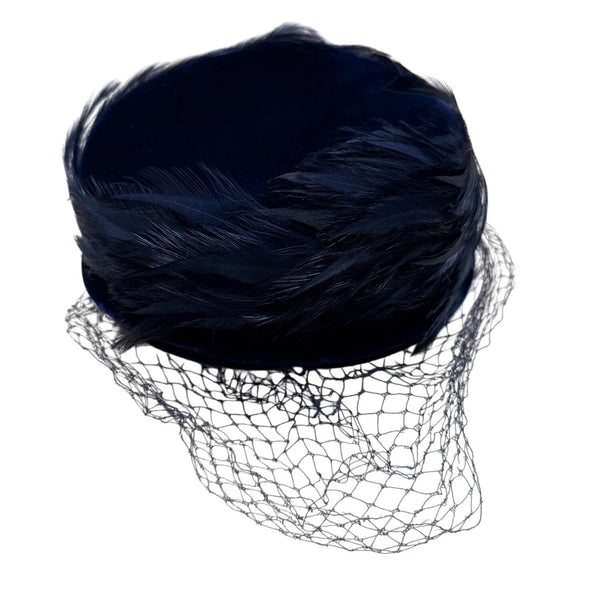 Vintage 50s 60s Navy Velvet Feather Pillbox Hat w/ Veil 22.5" Circ Retro Formal
