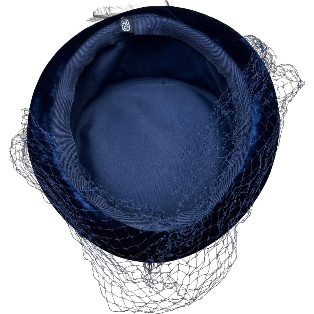 Vintage 50s 60s Navy Velvet Feather Pillbox Hat w/ Veil 22.5" Circ Retro Formal