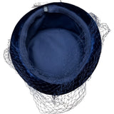 Vintage 50s 60s Navy Velvet Feather Pillbox Hat w/ Veil 22.5