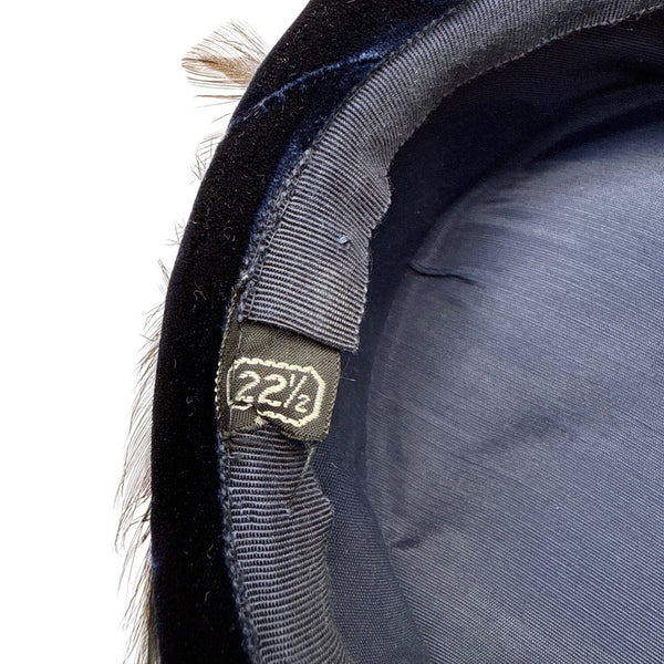 Vintage 50s 60s Navy Velvet Feather Pillbox Hat w/ Veil 22.5" Circ Retro Formal