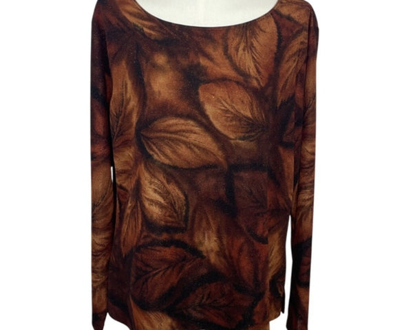 Chicos Design Brown And Orange Autumn Leaf Print Long Sleeve Womens Shirt Sz 3