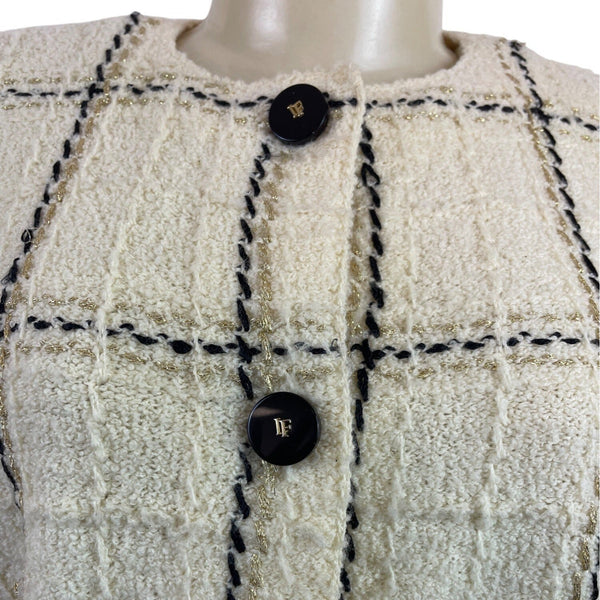 Mike Korwin Women’s Cream Jacket With Black & Gold Checkered Pattern Button