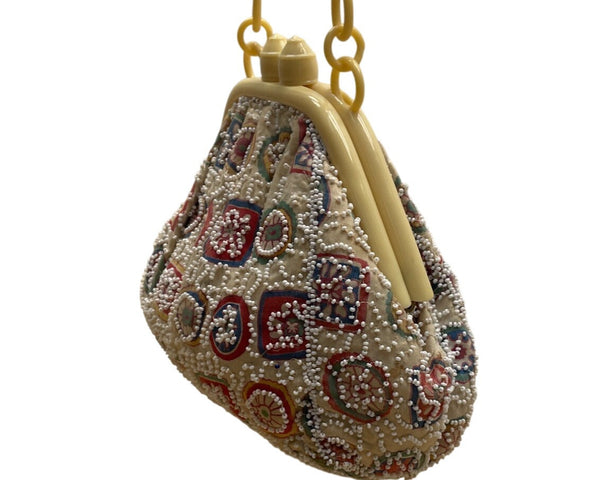 Vintage Charlet Beaded Beige Plastic Chain Handle & Floral Design Handbag Sz S