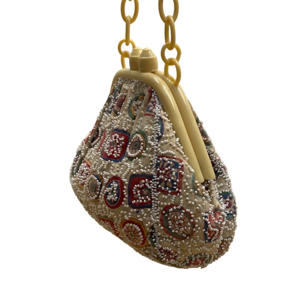 Vintage Charlet Beaded Beige Plastic Chain Handle & Floral Design Handbag Sz S