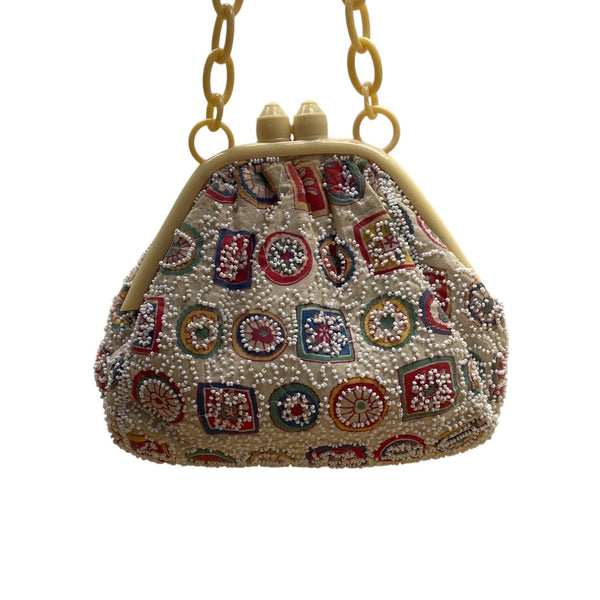 Vintage Charlet Beaded Beige Plastic Chain Handle & Floral Design Handbag Sz S