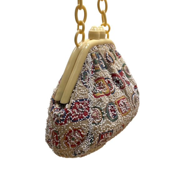Vintage Charlet Beaded Beige Plastic Chain Handle & Floral Design Handbag Sz S