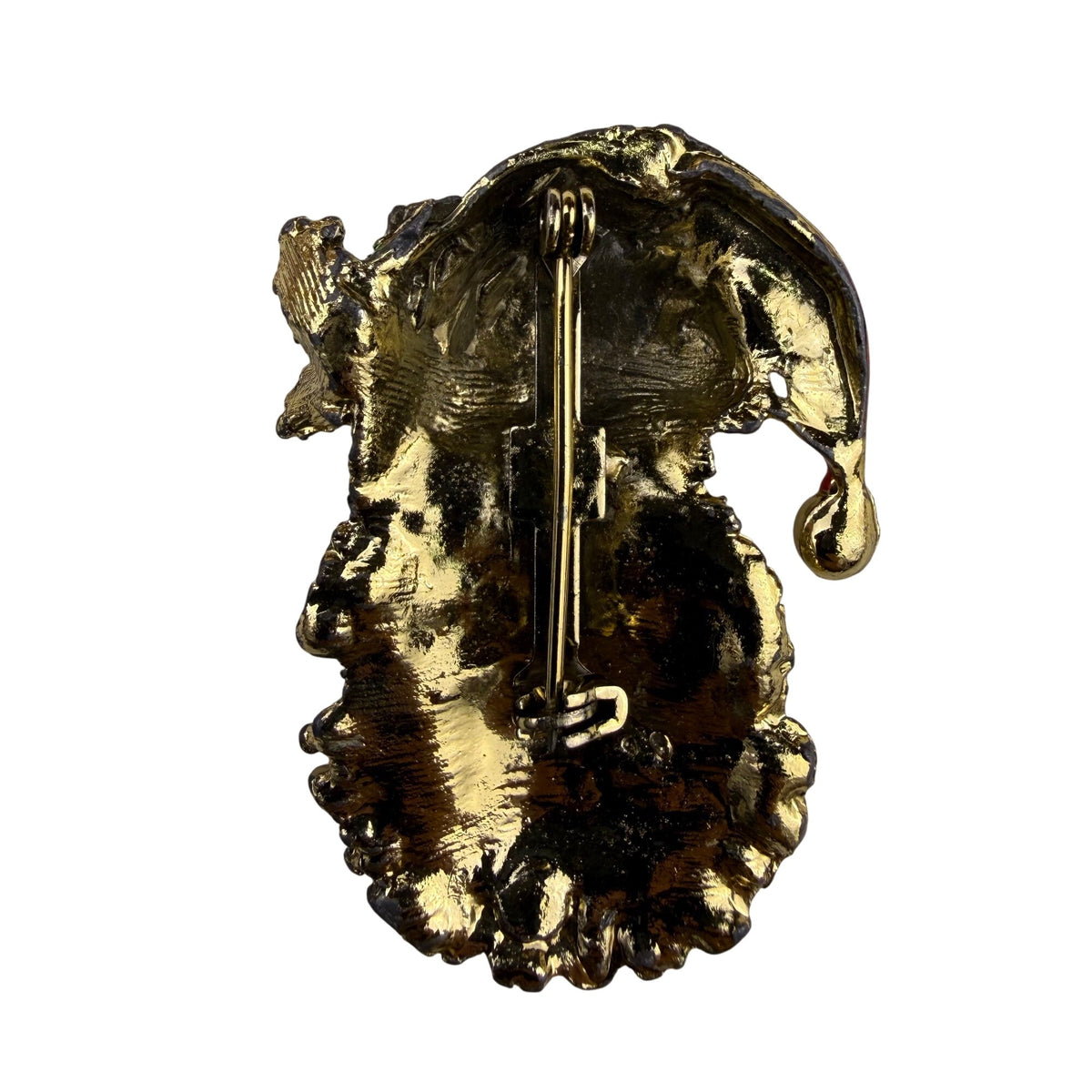 Vintage Santa Claus Christmas Brooch Pin Gold Tone Red Rhinestones Adorned